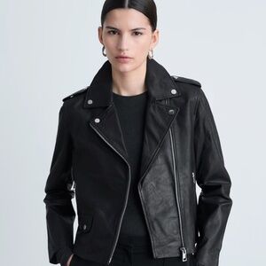 100% Black Leather Biker Jacket from Mango in size XS